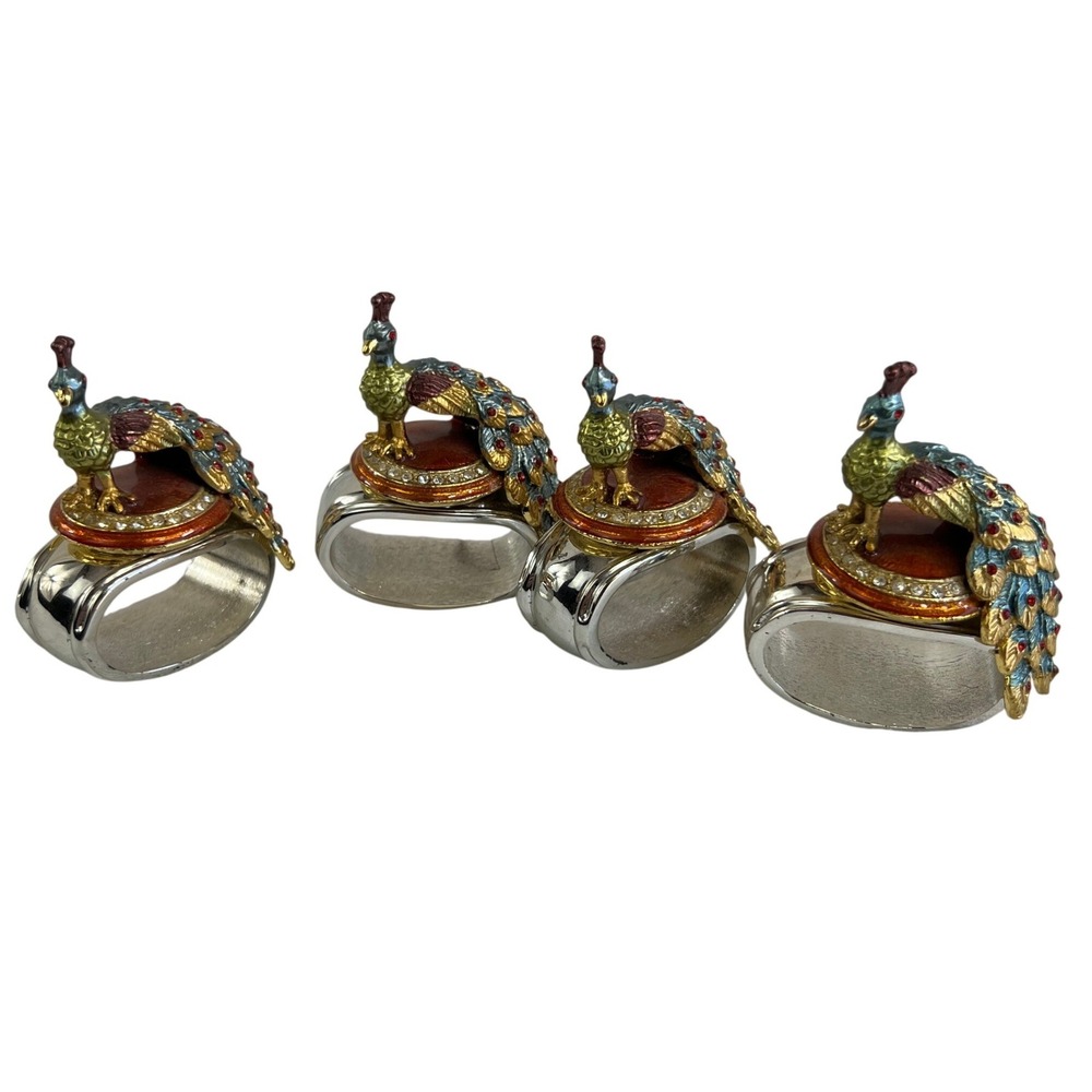 Hans Turnwald Swarovski Crystal Peacock Bird Napkin Rings Set Of 4 Silver Tone